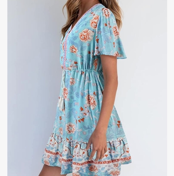 KYL Summer Boho Beach  Short Sleeve Flowy Ruffle Boho Floral Dress Size M - Picture 3 of 12